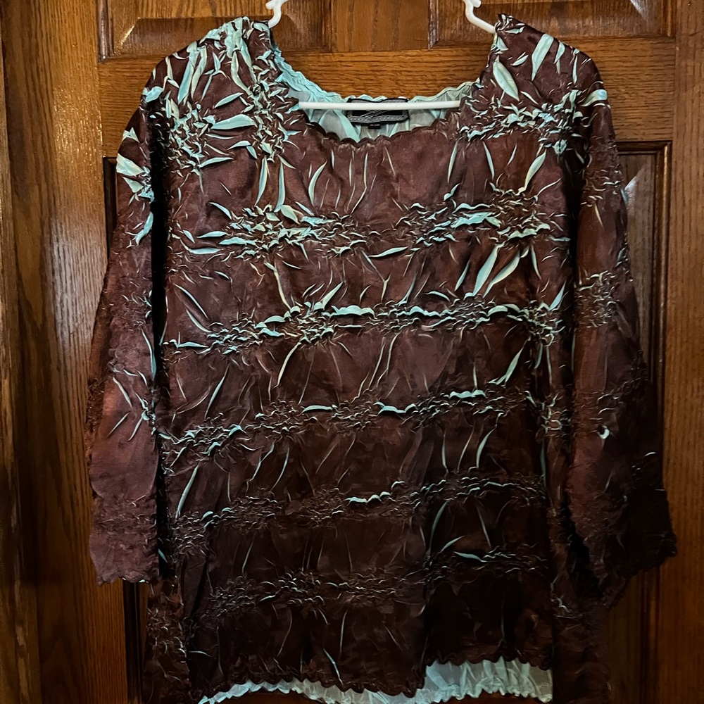 Zashi Plus Brown & Aqua Pullover Blouse  No Size Tag
